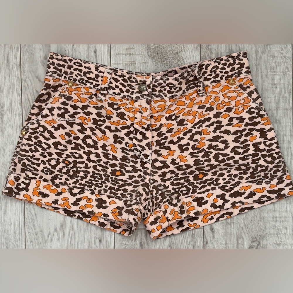 Roberto Cavalli Denim Orange & Brown Leopard Shorts Size 40 ~Super flattering on